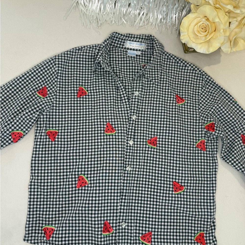 Vintage Black and White Gingham Shirt with Red Watermelon Print
